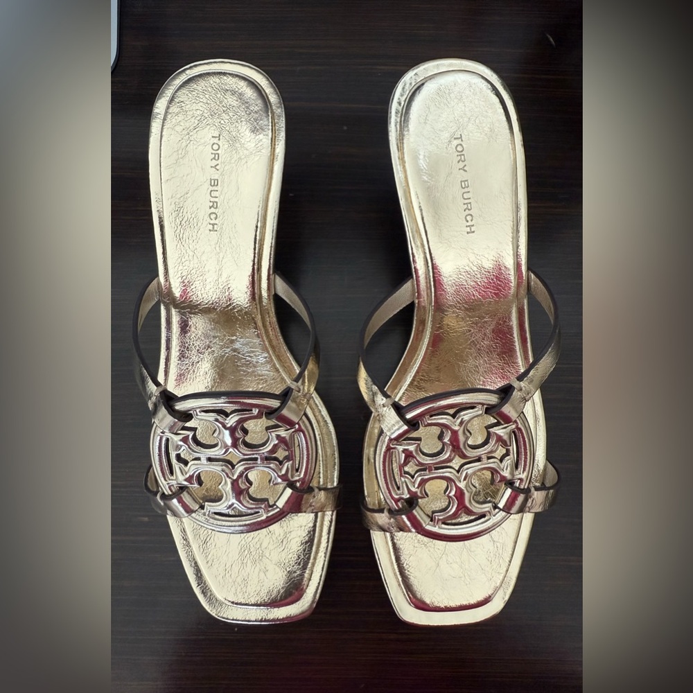 Tory Burch Womens Size 7.5 Spark Gold GEO BOMBE MILLER LOW HEEL worn once